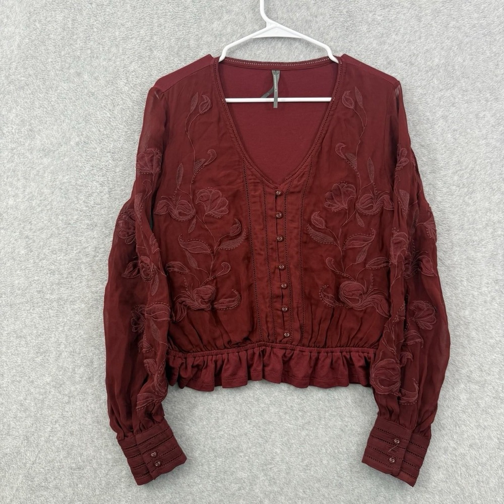 Anthropologie Top Women S Red Maroon Embroidered‎ Button Down Long Sleeve Blouse - Picture 2 of 10